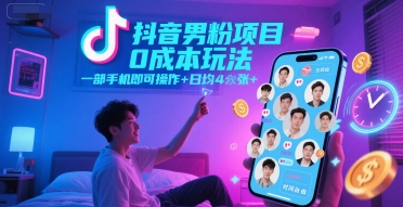抖音男粉项目0成本玩法，日均4张+，公众号【大创学社】