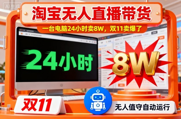 淘宝无人直播带货，一台电脑24小时卖8W，教程揭秘，公众号【大创学社】